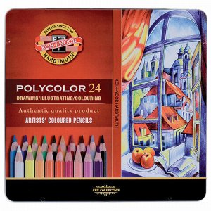 Карандаши цветные художественные KOH-I-NOOR "Polycolor", 24 цвета, 3,8 мм, металлическая коробка, 3824024002PL