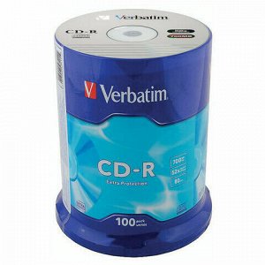 Диски CD-R VERBATIM 700 Mb 52х, КОМПЛЕКТ 100 шт., Cake Box, 43411