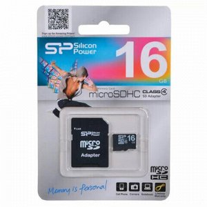 Карта памяти micro SDHC, 16 GB, SILICON POWER, 4 Мб/сек. (class 4), с адаптером, 16GBSTH004V10SP