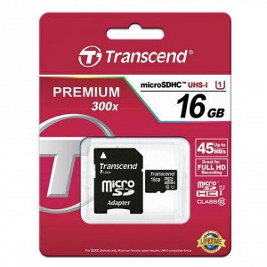 Карта памяти micro SDHC, 16 GB, TRANSCEND Premium 300x, UHS-I U1, 45 Мб/сек. (class 10), TS16GUSDU1