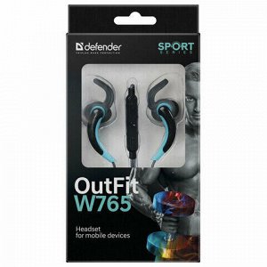 Наушники с микрофоном (гарнитура) вкладыши DEFENDER OutFit W765, проводные, 1,5 м, серые с голубым, 63766