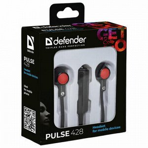 Наушники с микрофоном (гарнитура) вкладыши DEFENDER Pulse 428, проводные, 1,2 м, вкладыши, черные, 63428