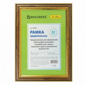 Рамка 21х30 см, пластик, багет 30 мм, BRAUBERG "HIT4", орех с двойной позолотой, стекло, 390994