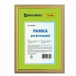 Рамка 15х20 см, пластик, багет 16 мм, BRAUBERG "HIT5", золото, стекло, 391066