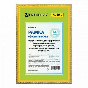 Рамка 21х30 см, пластик, багет 16 мм, BRAUBERG &quot;HIT5&quot;, золото, стекло, 391074