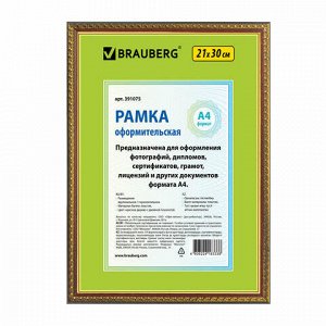 Рамка 21х30 см, пластик, багет 16 мм, BRAUBERG "HIT5", красное дерево с двойной позолотой, стекло, 391075