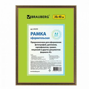 Рамка 30х40 см, пластик, багет 16 мм, BRAUBERG "HIT5", миндаль с двойной позолотой, стекло, 391079