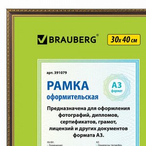 Рамка 30х40 см, пластик, багет 16 мм, BRAUBERG "HIT5", миндаль с двойной позолотой, стекло, 391079