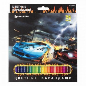 Карандаши цветные BRAUBERG "InstaRacing", 24 цвета, заточенные, картонная упаковка с отделкой выборочным лаком, 180559