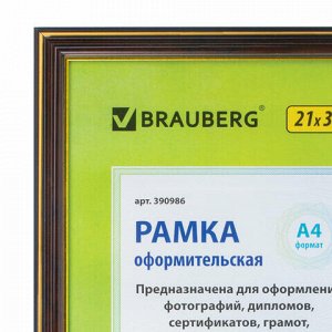 Рамка 21х30 см, пластик, багет 20 мм, BRAUBERG "HIT3", красное дерево с двойной позолотой, стекло, 390986