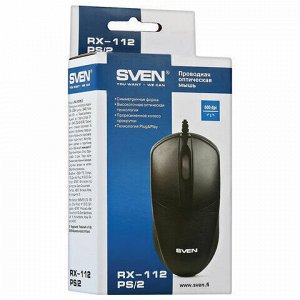 Мышь проводная SVEN RX-112, USB + PS/2, 2 кнопки + 1 колесо-кнопка, оптическая, чёрная, SV-03200112UPSB