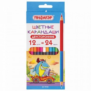 Карандаши двусторонние ПИФАГОР &quot;ВЕСЕЛАЯ АКУЛА&quot;, 12 штук, 24 цвета, заточенные, европодвес, 181363