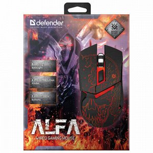 Мышь проводная игровая DEFENDER Alfa GM-703L, USB, 6 кнопок+1 колесо-кнопка, оптическая, черная, 52703