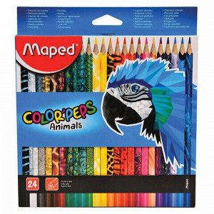 Карандаши цветные MAPED (Франция) "Color'Peps Animals'", 24 цвета, трехгранные, заточенные, европодвес, 832224