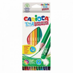 Карандаши цветные стираемые с резинкой CARIOCA "Erasable", 12 цветов, пластик, шестигранные, заточенные, 42897