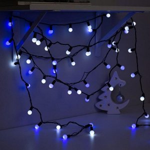 Гирлянда "Нить" 10 м с насадками "Шарики 1.5 см", IP44, тёмная нить, 100 LED, свечение бело-синее, мигание, 220 В