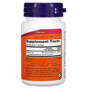 NOW Foods, Витамин D-3, 2000 МЕ, 30 мягких таблеток
