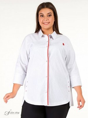 Блузка Оригинальная блуза прямого силуэта, с рубашечным воротником и рукавом длиной 3/4 с имитацией отворота.Модель с застежкой на пуговицы. Блуза выполнена из ткани с высоким содержанием хлопка. Край