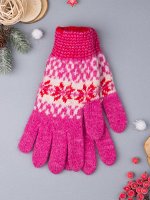 Перчатки вязаные женские, снежинки, ярко-розовый