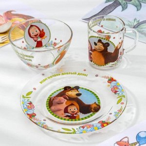 Набор посуды детский «Маша и Медведь. Добрый день», 3 предмета: кружка 250 мл, салатник d=12,8 см, тарелка d=19,5 см