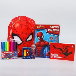 Подарочный набор: блокнот, альбом для рисования, фломастеры, цветной картон, карандаши, мешок для обуви, Человек-паук