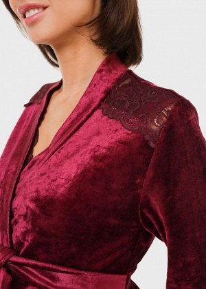 Велюровый комплект в роддом с кружевом (сорочка, халат) для беременных и кормления "Верена"; марсала