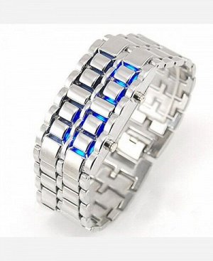 LED-часы "Самурай" Серебристый браслет, синие диоды 9046180
