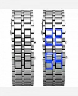 LED-часы "Самурай" Серебристый браслет, синие диоды 9046180