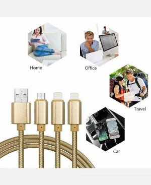 USB кабель плетенный 3 в 1 Apple 8 pin/Micro USB/USB Type-C 1 м. 9046307
