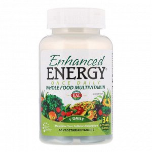 KAL, Enhanced Energy, мультивитамины из цельных продуктов с дозировкой 1 раз в день, 60 растительных таблеток