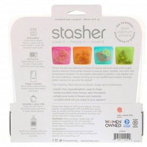 Stasher, Многоразовый силиконовый контейнер для еды, удобный размер для бутербродов, средний, прозрачный, 450 мл (15 жидк. унций)