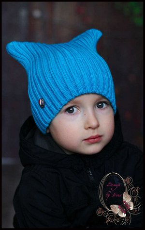 Вязаная шапка для мальчика «Котейка»(бирюза)