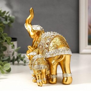 Сувенир полистоун "Золотой слон со слонёнком в зеркальной попоне" 17,5х15х9,5 см