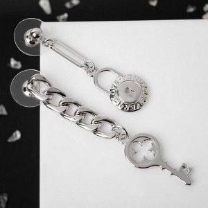 Серьги металл "Цепь" ключ с круглым замком, цвет серебро
