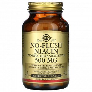 Solgar, ниацин, не вызывающий покраснений, 500 мг, 100 вегетарианских капсул