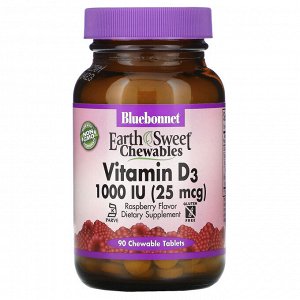 Bluebonnet Nutrition, EarthSweet Chewables, витамин D3, со вкусом малины, 25 мкг (1000 МЕ), 90 жевательных таблеток