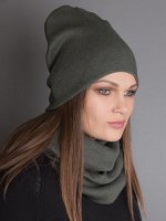 Шапка женская кашкорсе формы лопата, нашивка R + двойной снуд, хаки