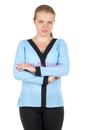 Блуза с контрастной планкой Голубой+Черный