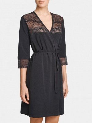 LUI et ELLE EF2702 noir Халат женский с рукавом 3/4, элегантное и женственное изделие, способное подчеркнуть достоинства фигуры
