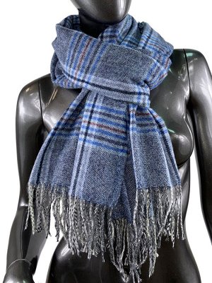 Клетчатый шарф-палантин из вискозы и шерсти в синих и серых оттенках