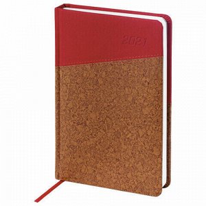 Ежедневник датированный 2021 А5 (138x213 мм) BRAUBERG "Cork", кожзам, красный/коричневый, 111448