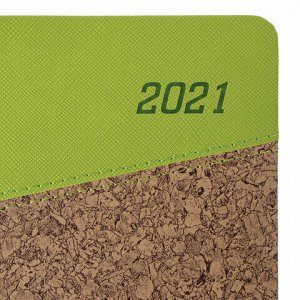 Ежедневник датированный 2021 А5 (138x213 мм) BRAUBERG "Cork", кожзам, зеленый/коричневый, 111450