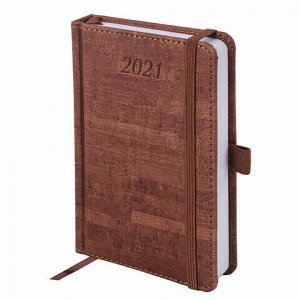 Ежедневник датированный 2021 МАЛЫЙ ФОРМАТ (100х150 мм) А6, BRAUBERG "Wood", кожзам, держатель для ручки, коричневый, 111426