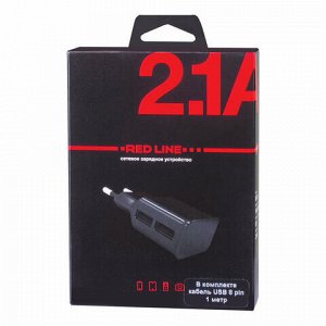 Зарядное устройство сетевое (220 В), RED LINE NT-2A, кабель для IPhone (iPad) 1 м, 2 порта USB, выходной ток 2,1 А,черное, УТ000012286