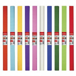 Бумага гофрированная (креповая) ПЛОТНАЯ, рулон, 32 г/м2, 50х250 см, АССОРТИ 10 цветов в упаковке, BRAUBERG, 127151