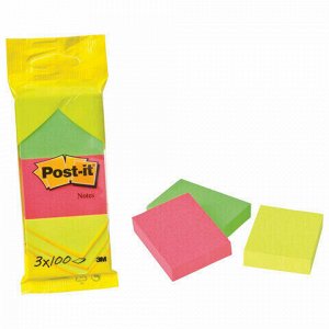 Блоки самоклеящиеся (стикер) POST-IT ORIGINAL &quot;Неоновая радуга&quot; 38х51 мм, КОМПЛЕКТ 3 шт. по 100 листов, ассорти, 6812