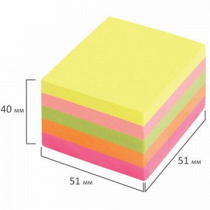 Блок самоклеящийся (стикеры), BRAUBERG, НЕОНОВЫЙ, 51х51 мм, 400 листов, 5 цветов, 122857