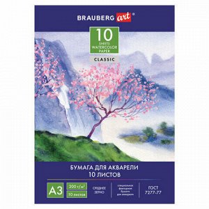 Папка для акварели БОЛЬШОГО ФОРМАТА А3, 10 л., 200 г/м2, 297х420 мм, BRAUBERG ART CLASSIC, "Сакура", 125224