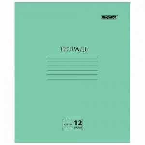 Тетрадь, ЗЕЛЁНАЯ обложка, 12 л., ПИФАГОР, офсет №2 ЭКОНОМ, клетка с полями, 104984