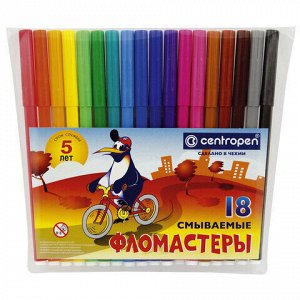 Фломастеры 18 ЦВЕТОВ CENTROPEN &quot;Пингвины&quot;, смываемые, вентилируемый колпачок, 7790/18ET, 7 7790 1886